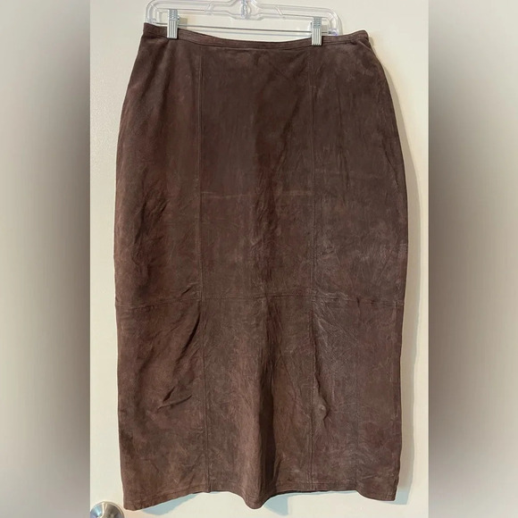 Chocolate Brown Suede 100% Leather Maxi Skirt Zipper Hook Eye Closure Si… - Picture 1 of 10